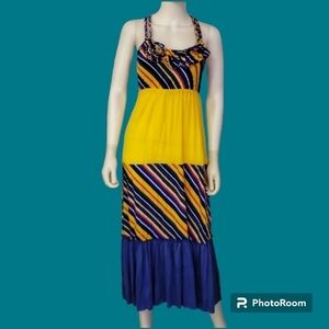 Vtg FASHION WEEK 1980s Rainbow Stripe Tiered Braided Colorblock Slip Dress